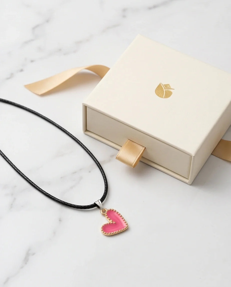 Gold and Pink Beaded Heart Necklace