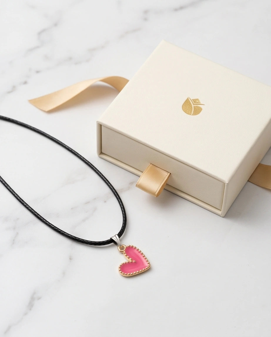 Gold and Pink Beaded Heart Necklace