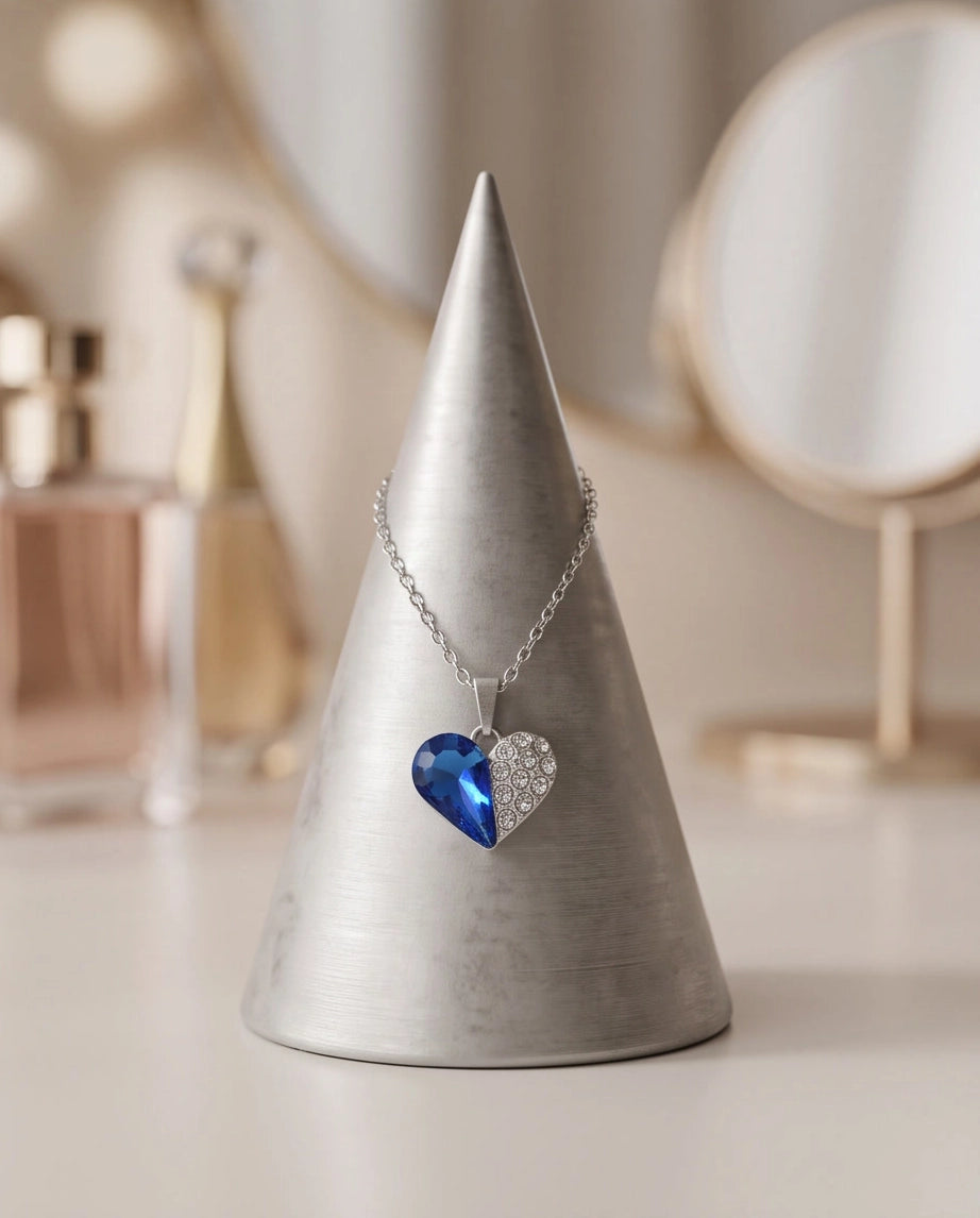Silver Sapphire Heart Pavé Pendant Necklace
