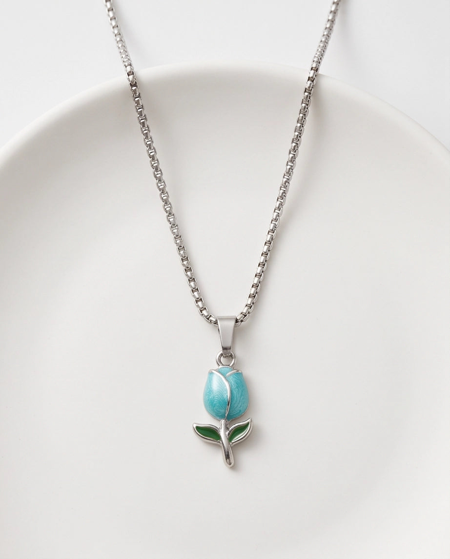 Silver Light Blue Enamel Tulip Pendant Necklace