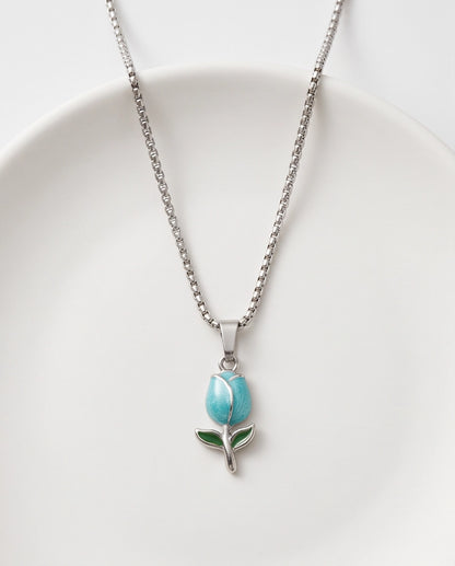 Silver Light Blue Enamel Tulip Pendant Necklace