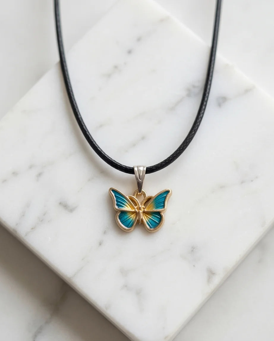 Teal & Gold Butterfly Pendant Necklace