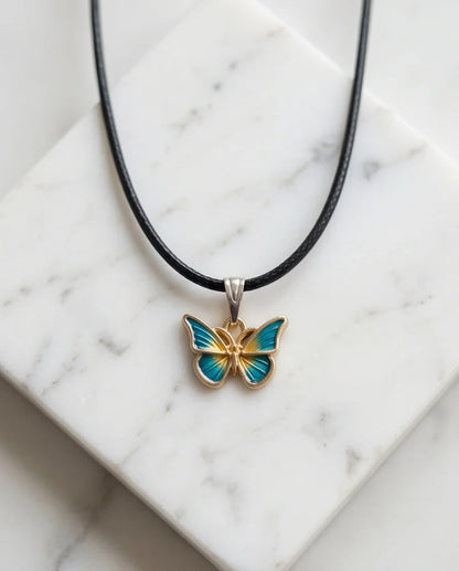 Teal & Gold Butterfly Pendant Necklace
