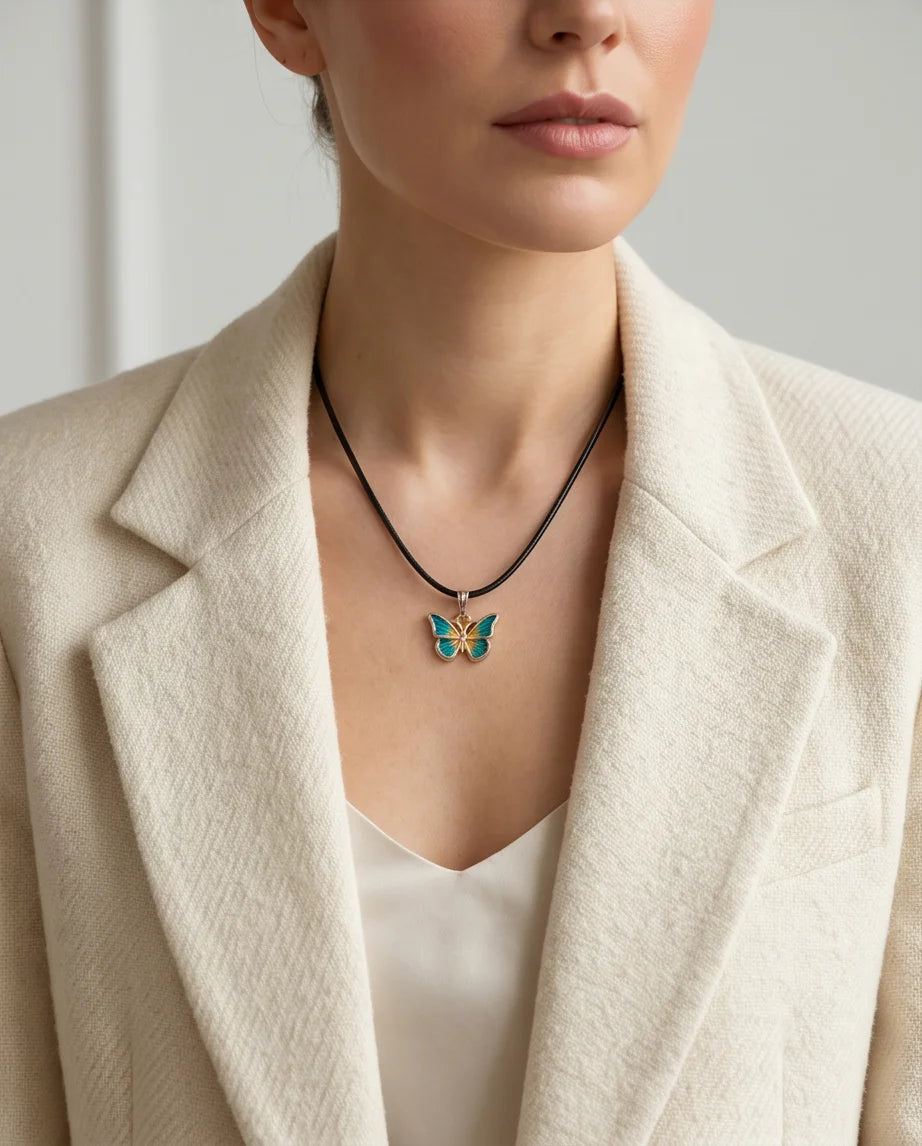 Teal & Gold Butterfly Pendant Necklace
