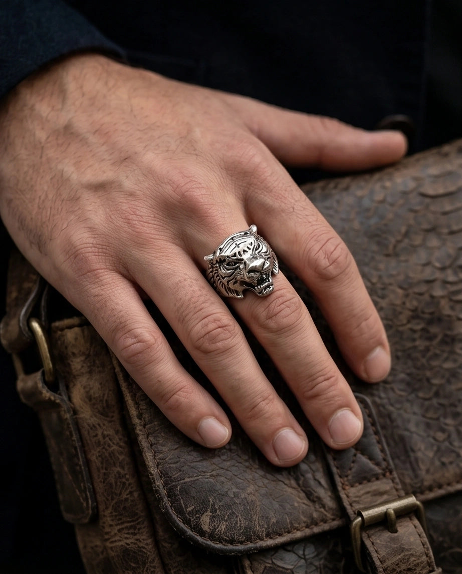 Vintage Silver Oxidized Roaring Tiger Head Statement Ring