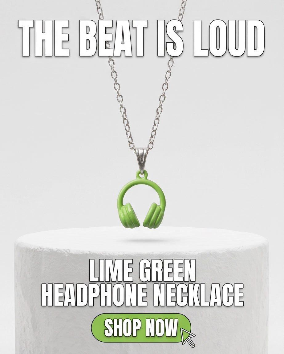Lime Green Headphones Enamel Pendant Necklace