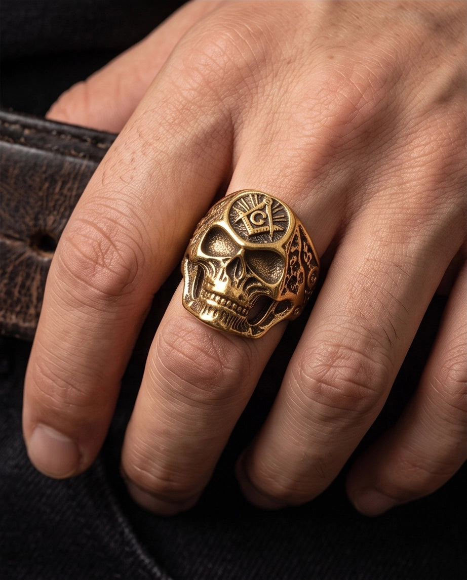 Masonic Square and Compass Anatomical Skull Gold Ring