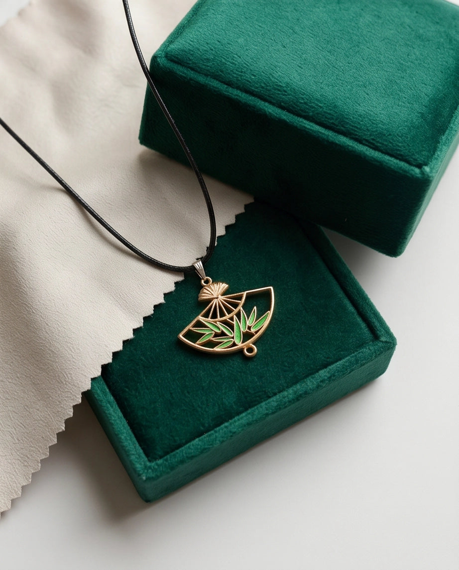 Green Bamboo Fan Pendant Necklace