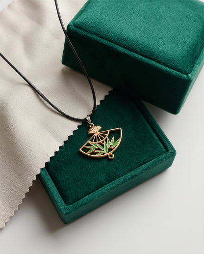 Green Bamboo Fan Pendant Necklace