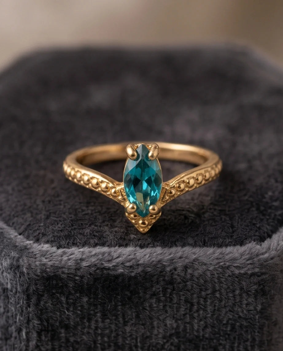 Vintage Gold Marquise London Blue Topaz Chevron Ring