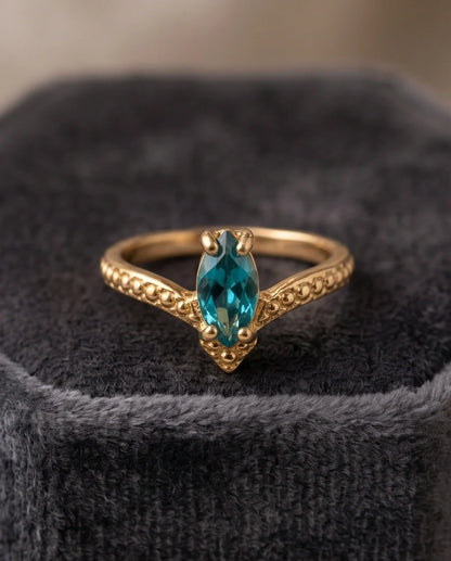 Vintage Gold Marquise London Blue Topaz Chevron Ring