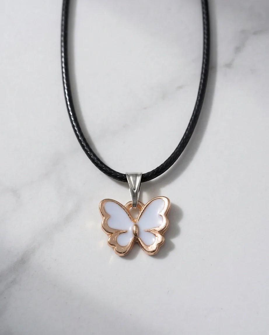 Gold and White Butterfly Pendant Necklace