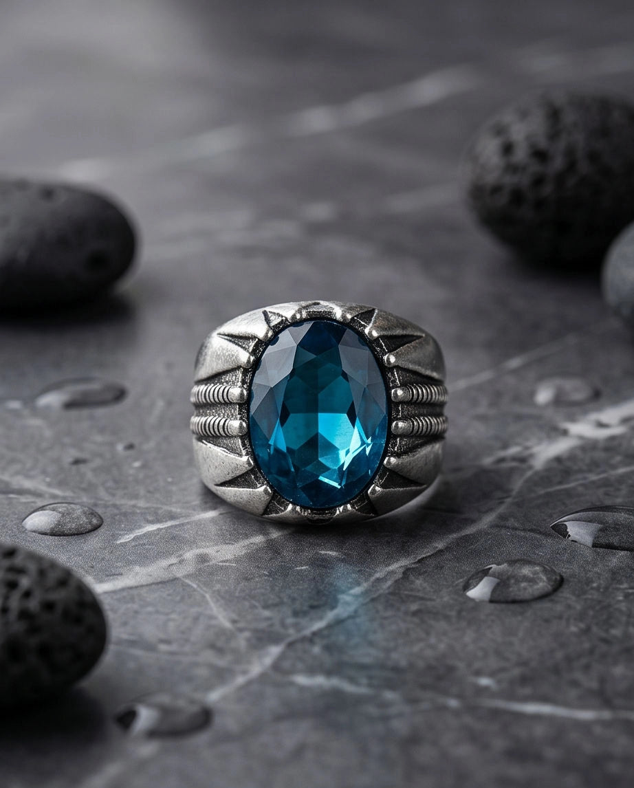 Oxidized Silver Oval Aqua Blue Claw Signet Ring