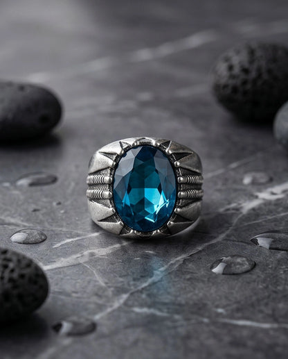 Oxidized Silver Oval Aqua Blue Claw Signet Ring