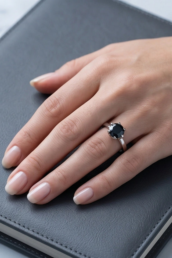 Sterling Silver Round-Cut High Crown Black Solitaire Ring