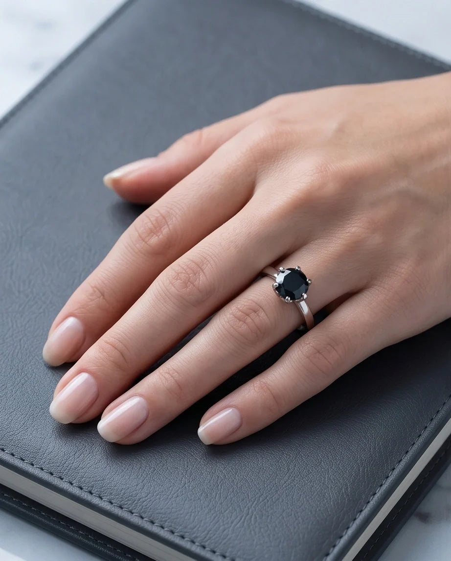 Sterling Silver Round-Cut High Crown Black Solitaire Ring