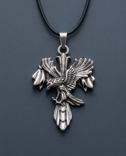 Silver Raven Gothic Cross Pendant Necklace