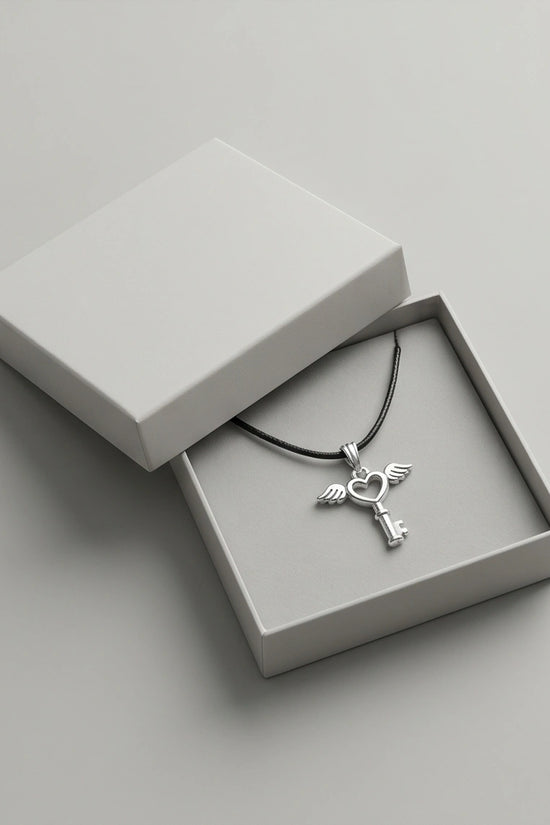 Silver Angel Wing Heart Key Necklace