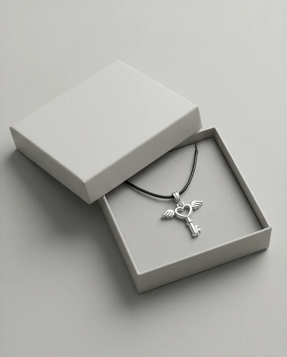 Silver Angel Wing Heart Key Necklace