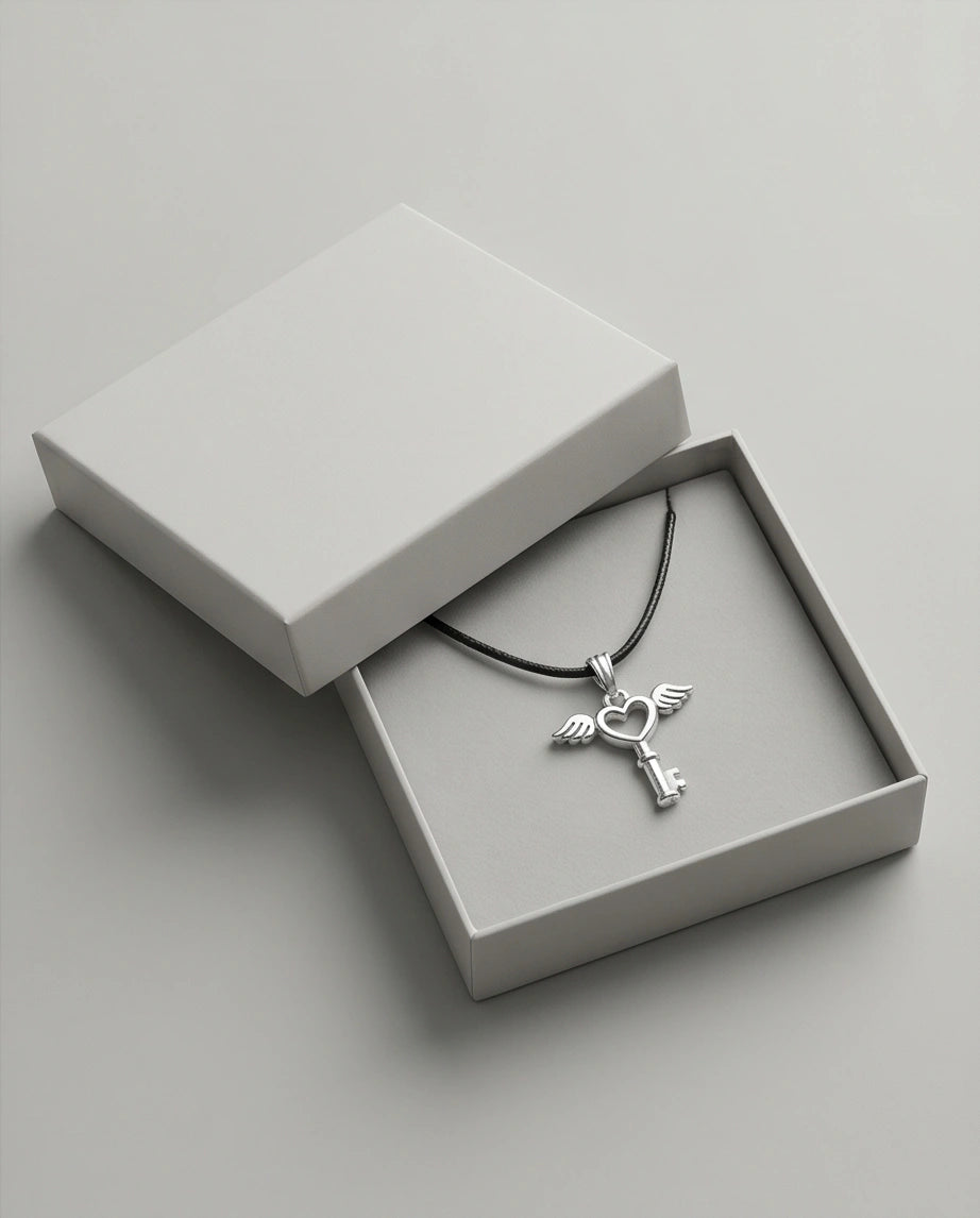 Silver Angel Wing Heart Key Necklace