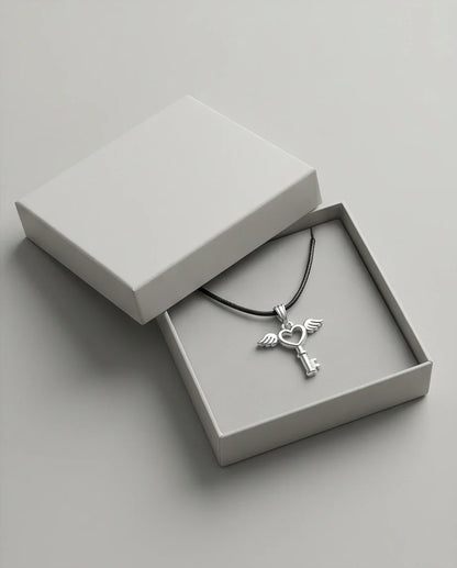 Silver Angel Wing Heart Key Necklace