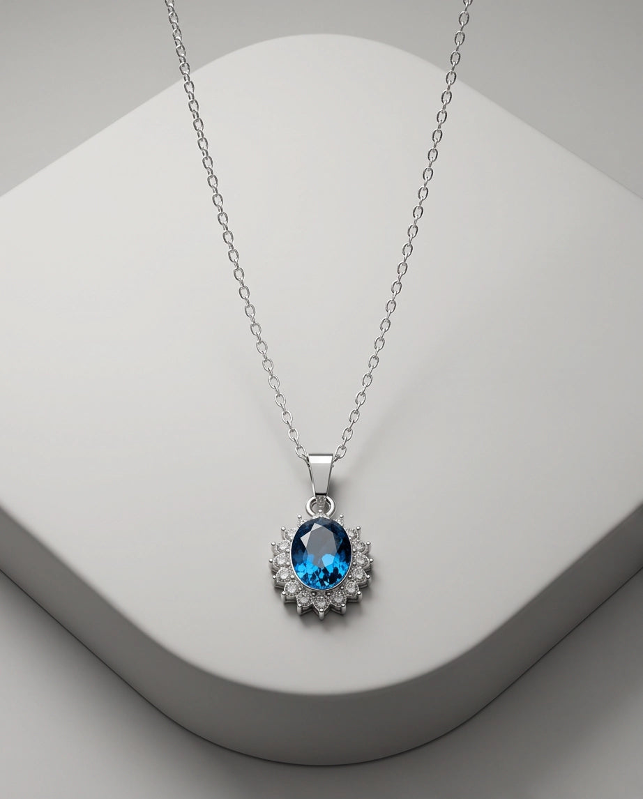 Silver London Blue Oval Halo Medallion Pendant Necklace