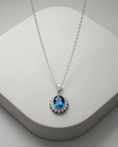 Silver London Blue Oval Halo Medallion Pendant Necklace