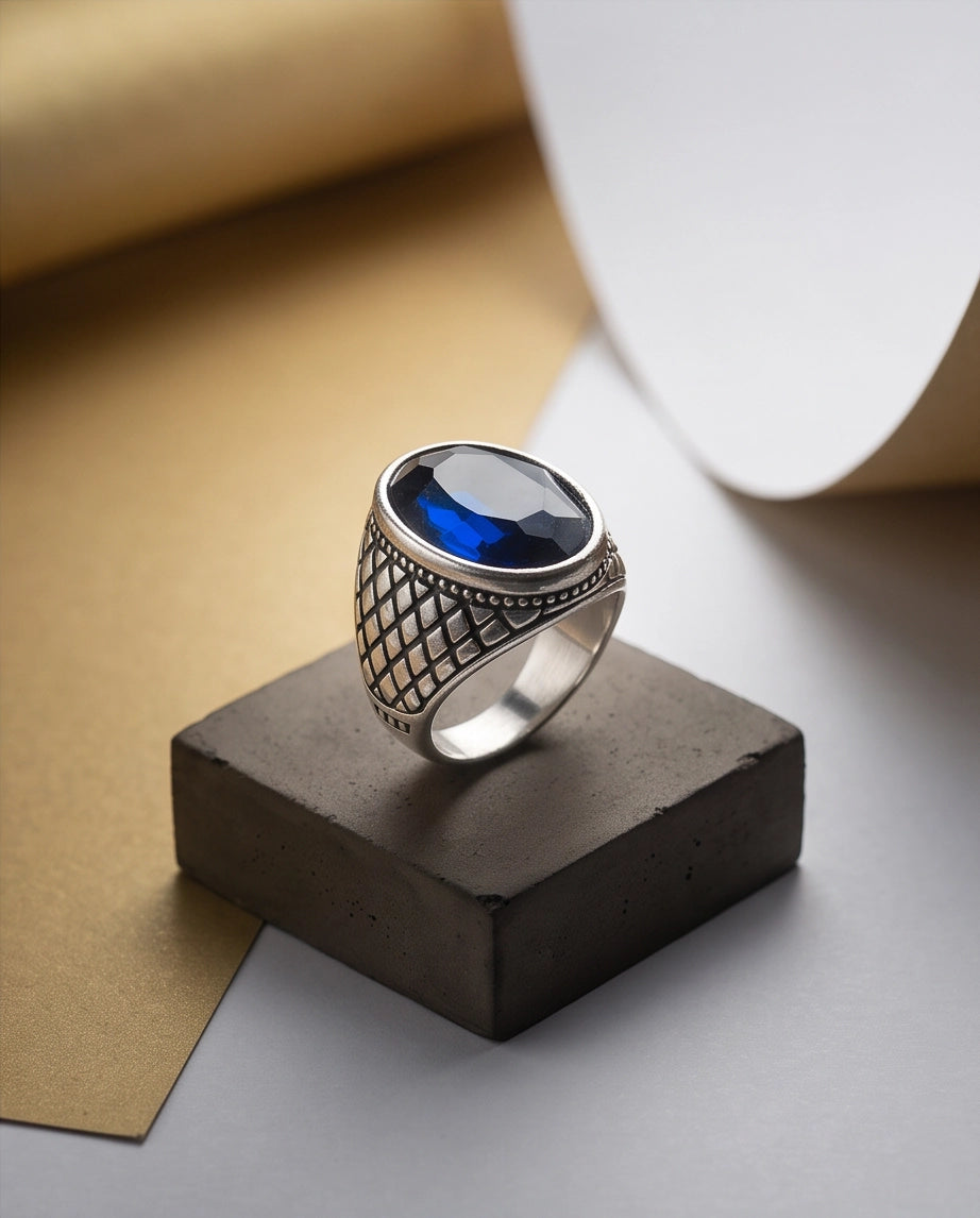 Sapphire Gemstone Beaded Frame Crosshatch Mesh Silver Ring