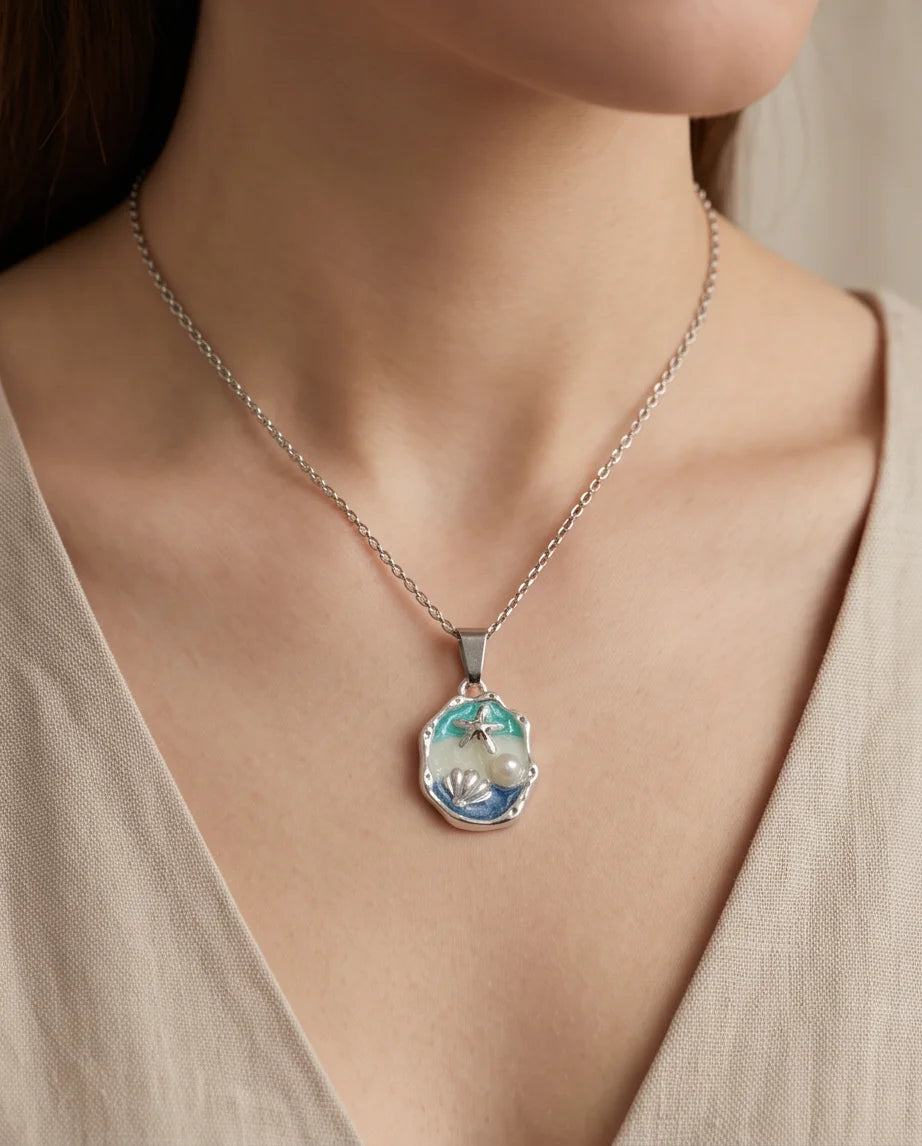 Silver Blue Seashell Starfish Pearl Enamel Medallion Chain Necklace