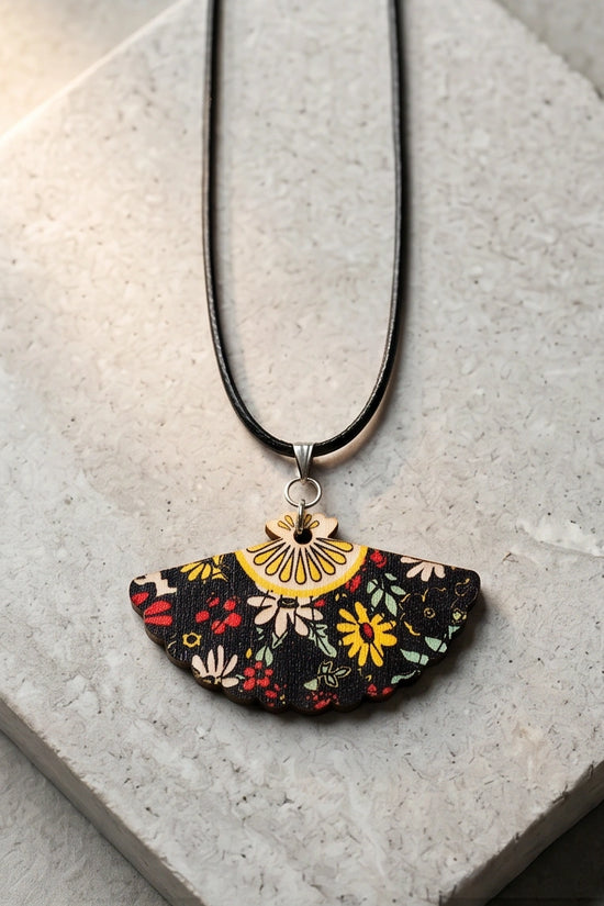 Vintage Black Botanical Hand-Fan Pendant Necklace