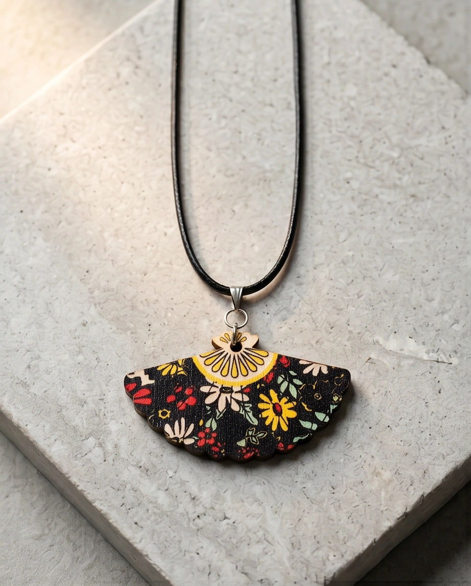 Vintage Black Botanical Hand-Fan Pendant Necklace