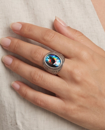 Cosmic Multi-Color Tie-Dye Cabochon Greek Key Silver Ring