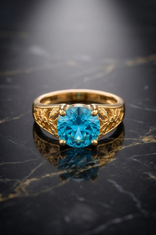 Golden Aquamarine Azure Filigree Ring