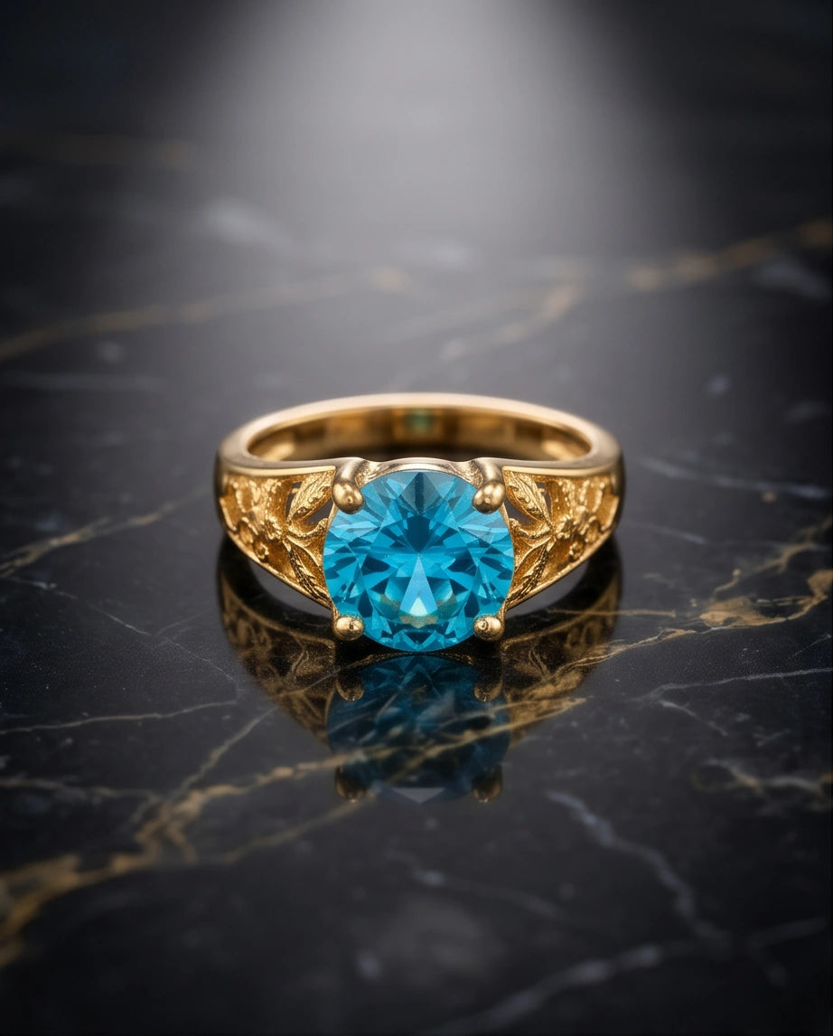 Golden Aquamarine Azure Filigree Ring