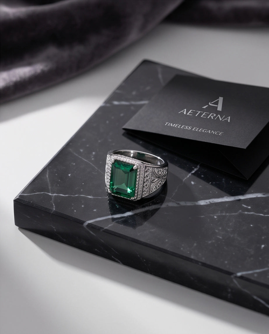 Emerald Green Emerald-Cut Gemstone Stippled Halo Silver Ring