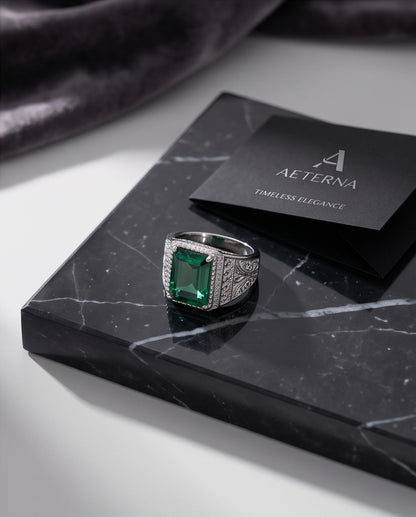 Emerald Green Emerald-Cut Gemstone Stippled Halo Silver Ring