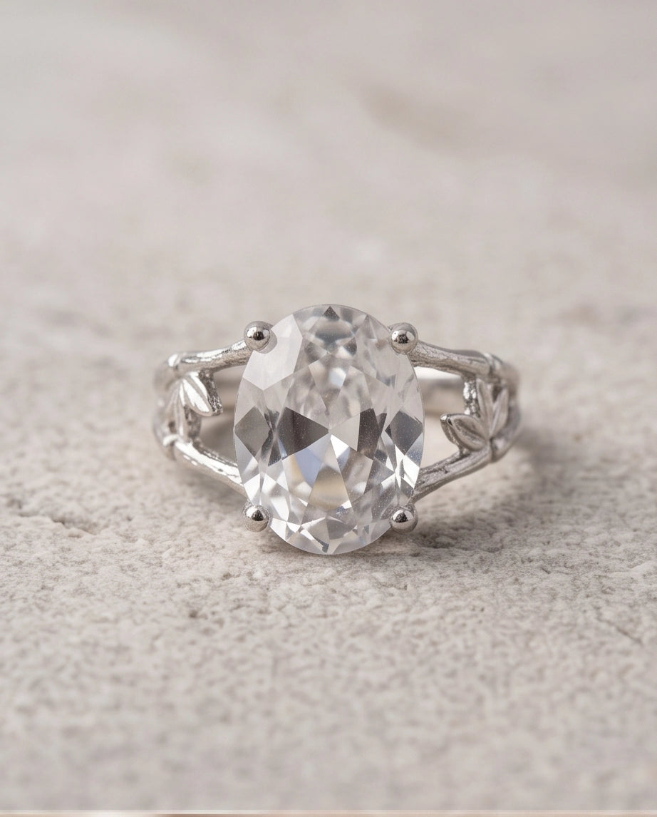 Silver Oval Quartz Botanical Solitaire Ring