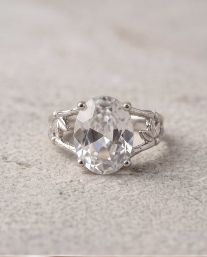 Silver Oval Quartz Botanical Solitaire Ring