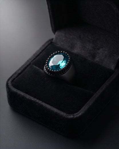 Matte Black Oval Teal Tourmaline Signet Ring