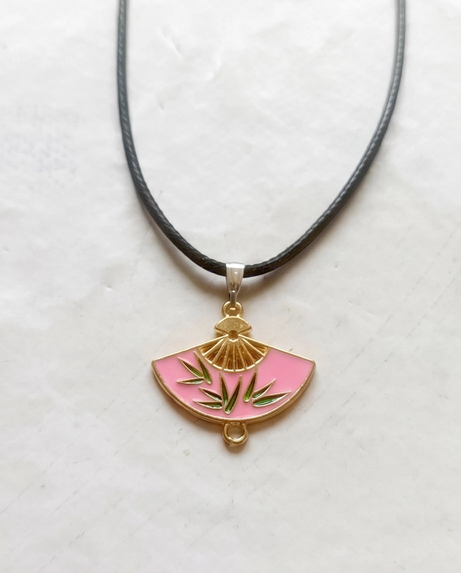 Pink Enamel Bamboo Fan Pendant Necklace