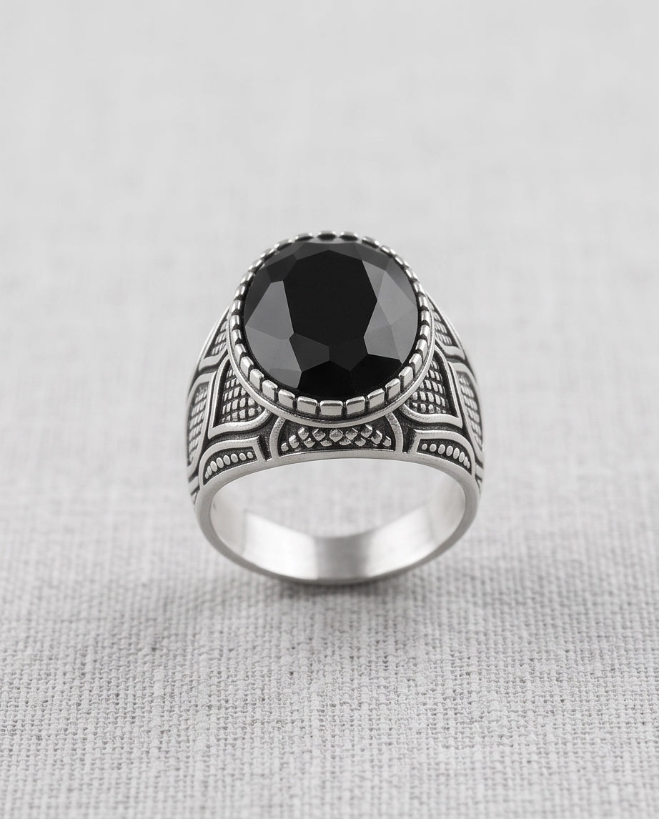 Black Gemstone Beaded Bezel Scale-Lattice Silver Ring
