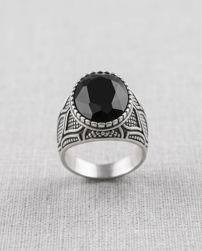 Black Gemstone Beaded Bezel Scale-Lattice Silver Ring