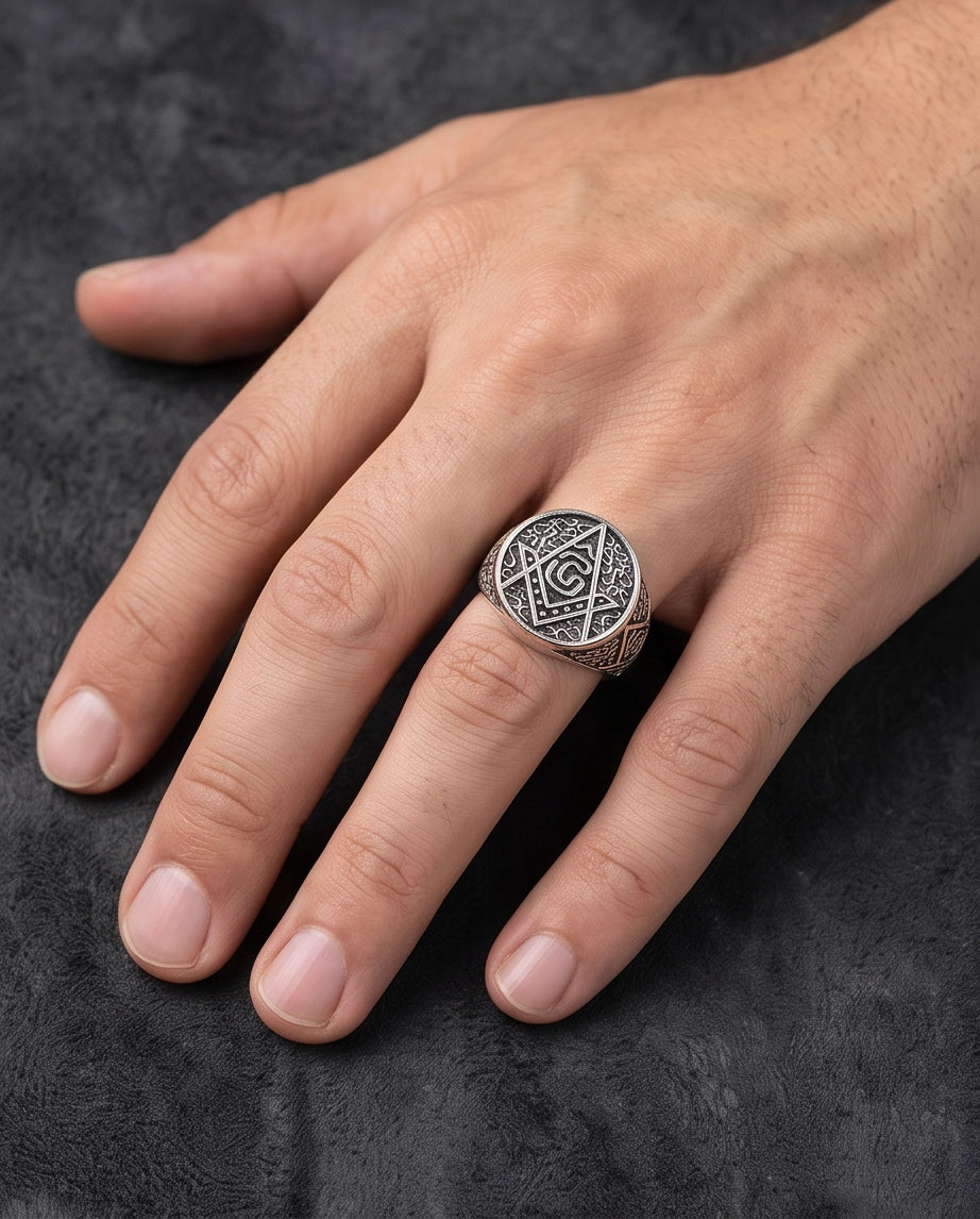 Masonic Scrollwork Oval Signet Silver Ring