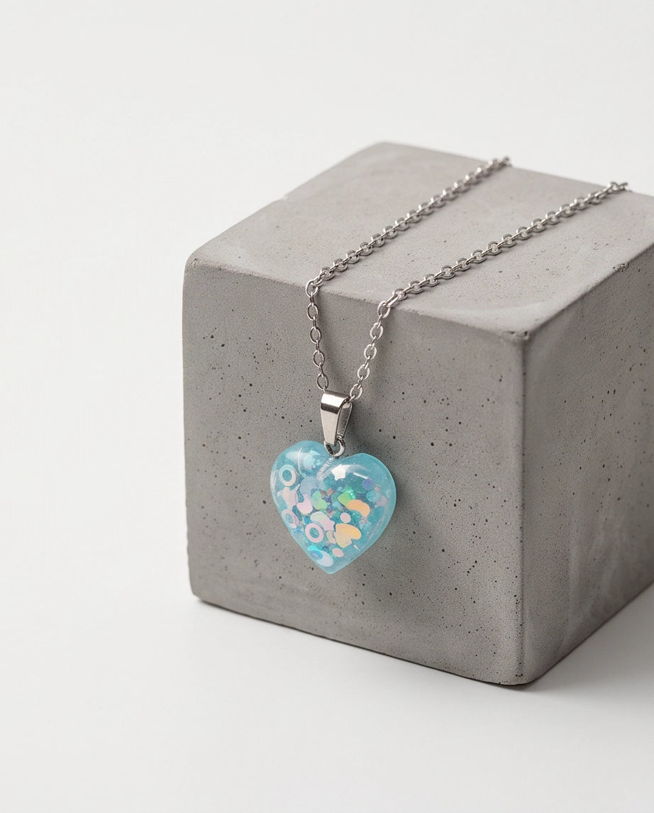 Silver Light Blue Glitter Heart Resin Pendant Necklace
