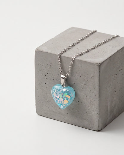 Silver Light Blue Glitter Heart Resin Pendant Necklace