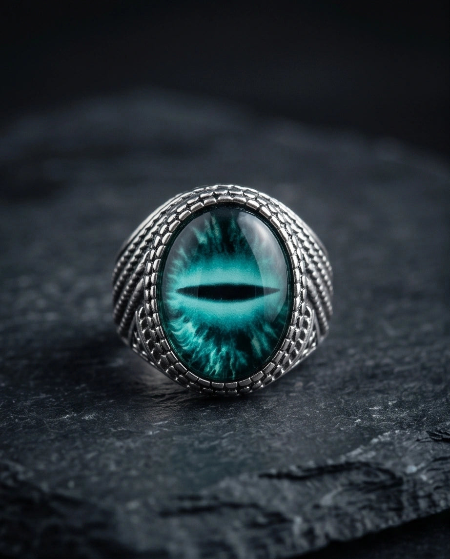 Vintage Sterling Silver Serpent Scale Deep Teal Eye Ring