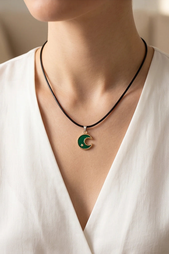 Gold and Green Crescent Moon and Star Necklace