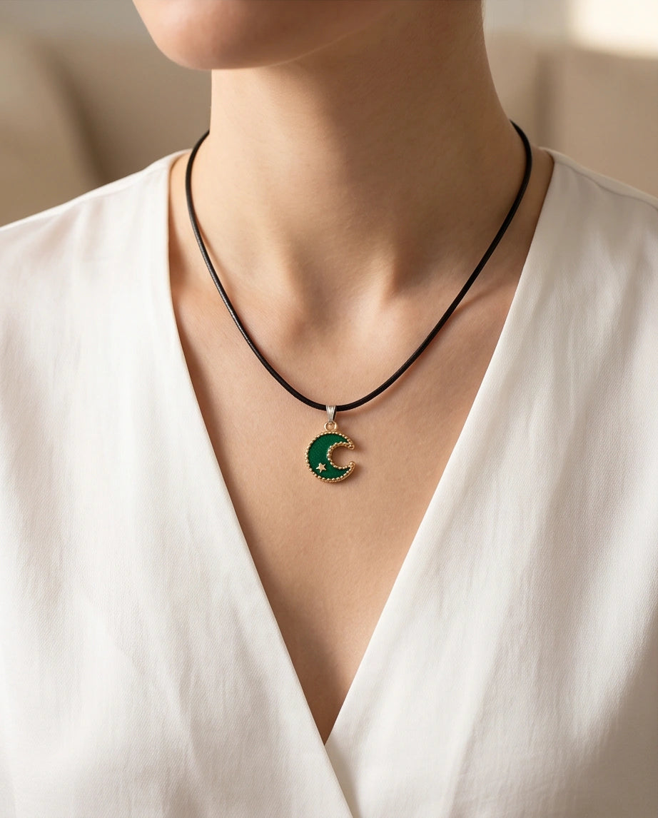 Gold and Green Crescent Moon and Star Necklace