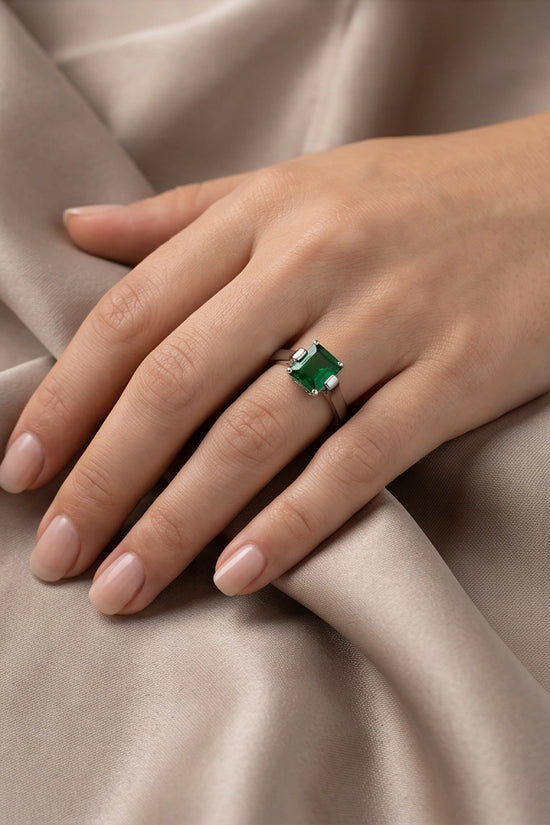 Sterling Silver Princess-Cut Deep Green Emerald Solitaire Ring