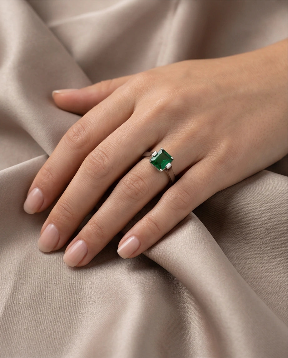 Sterling Silver Princess-Cut Deep Green Emerald Solitaire Ring